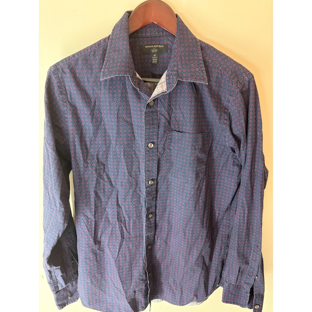 Banana Republic Mens Non-Iron Slim Fit Dress Shirt Navy Red Diamond Print M 15.5